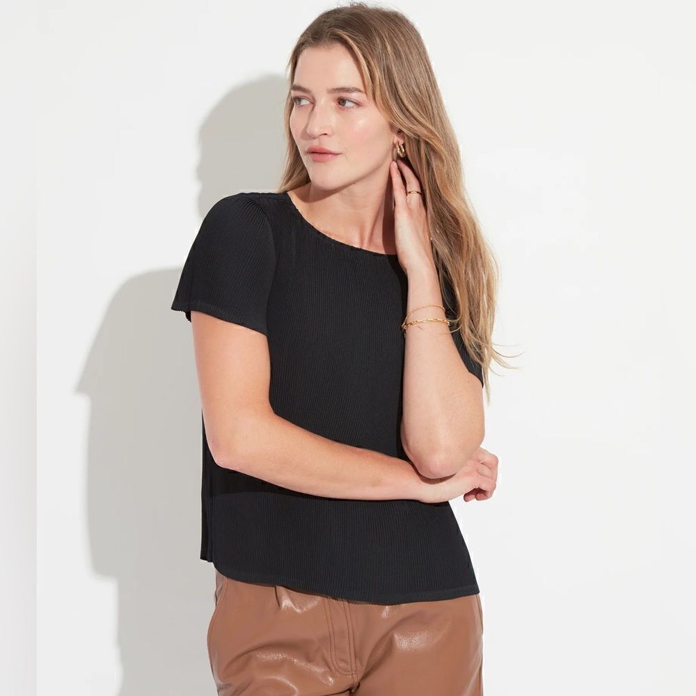 The Reset R Label Plisse Top Black NWT Small Short Sleeve Satin Pleated Shirt